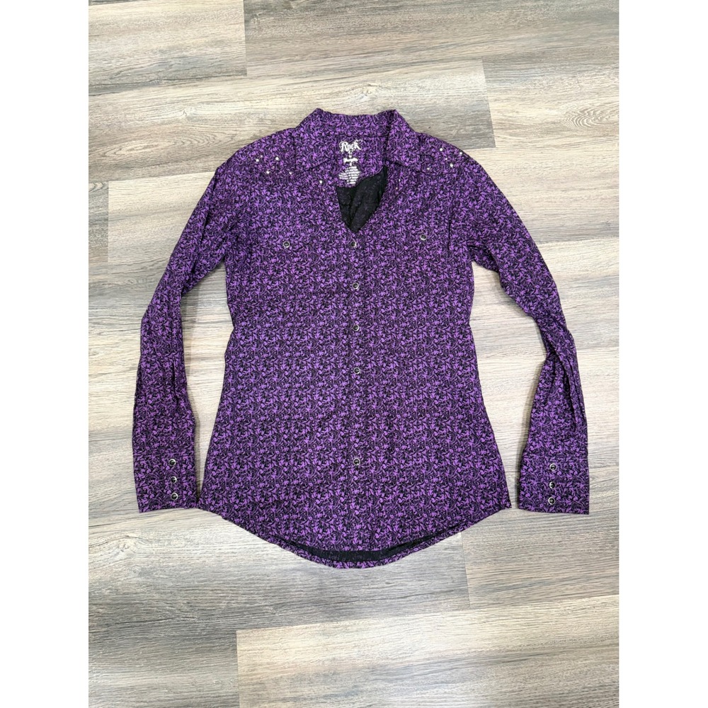 Rock 47 by Wrangler Womens Purple Filigree Western Snap Shirt Rhinestone Small